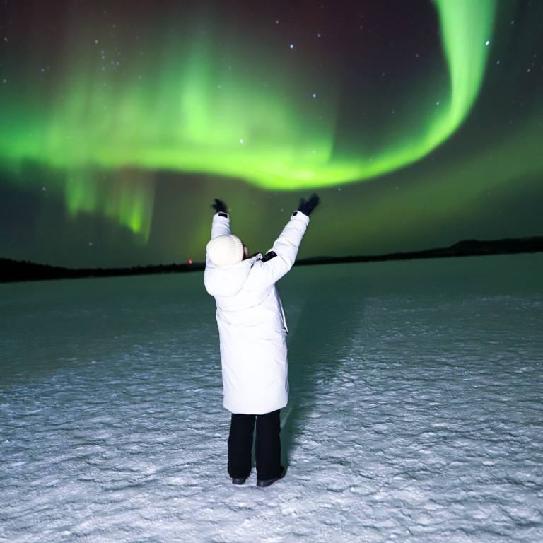 Person in a white winter coat raising both arms toward green Northern Lights over a snowy field